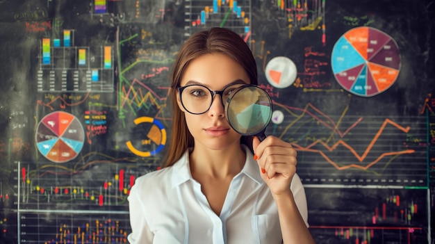 Foto mujer de negocios mirando a través de una lupa un gráfico de estrategia de marketing visión de marketing