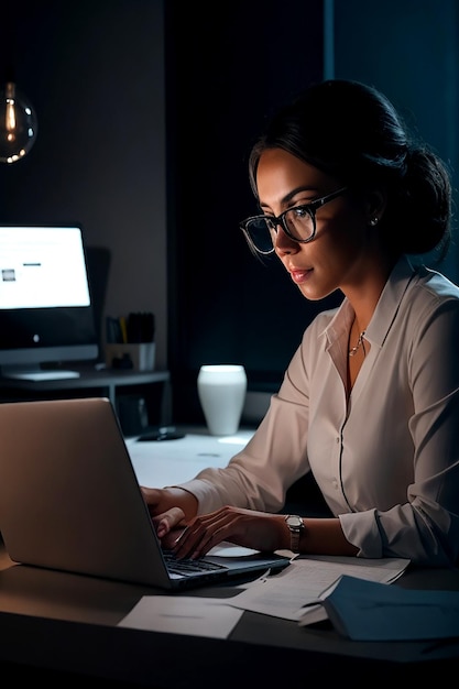 Una mujer de negocios moderna sentada en su oficina con su computadora portátil brillando AI_generated