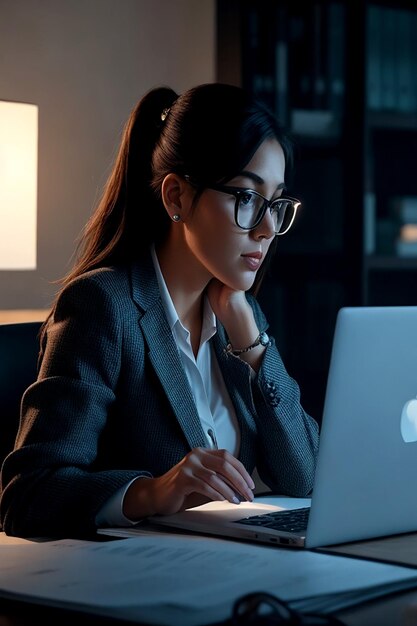 Una mujer de negocios moderna sentada en su oficina con su computadora portátil brillando AI_generated