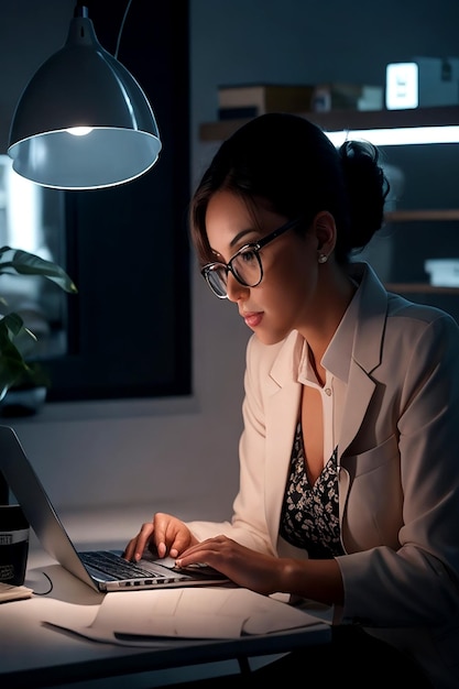 Una mujer de negocios moderna sentada en su oficina con su computadora portátil brillando AI_generated