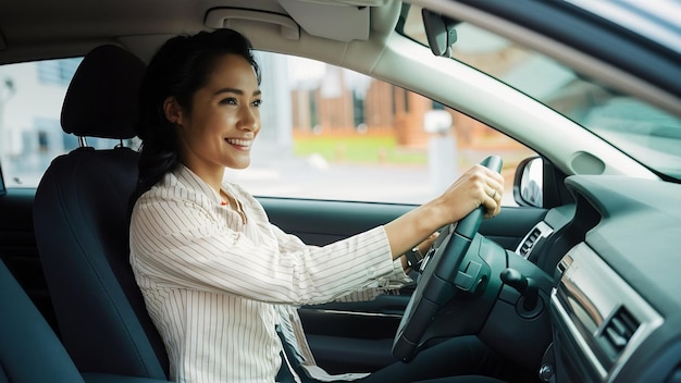 Una mujer de negocios morena conduciendo.