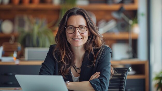 Mujer de negocios morena trabajando sentada en su lugar de trabajo en una oficina moderna mientras sonríe a la cámara Concepto de emprendimiento y carrera exitoso