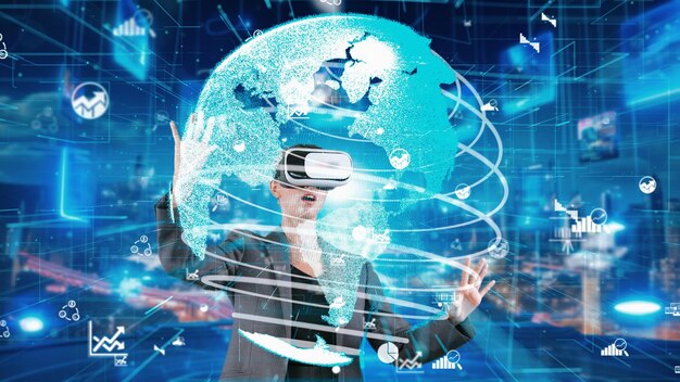 Una mujer de negocios mueve un monitor mundial de grandes datos para alejarse a través de VR Contraption