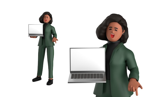 Mujer de negocios negra en 3D en postura ejecutiva de pie con una computadora portátil, tableta y teléfono móvil aislados