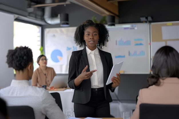 Mujer de negocios negra estadounidense dando una presentación a los inversores