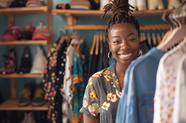 Mujer de negocios negra exitosa sonriendo a la cámara en una tienda de ropa Pequeño negocio