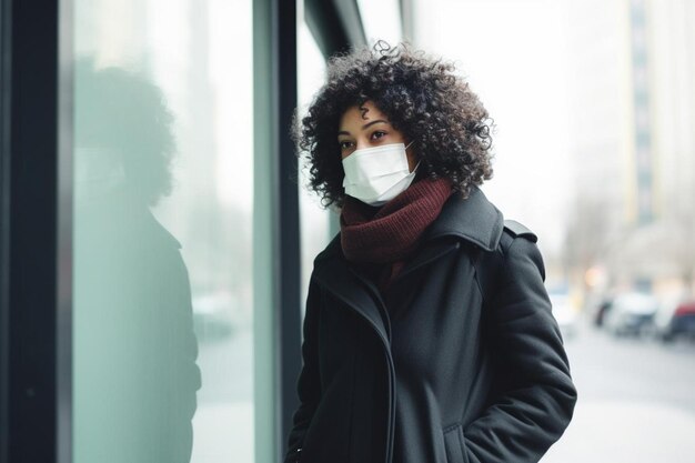 Mujer de negocios negra con una máscara de protección en la cara mientras está en un corredor público