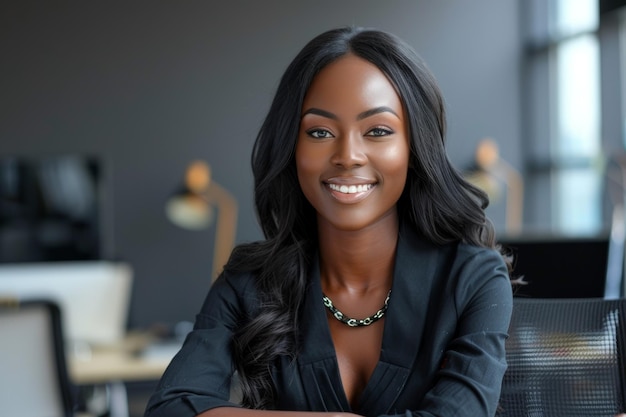 mujer de negocios negra sonriendo y apoyándose en el escritorio de la oficina mientras mira a la cámara en una oficina moderna y brillante concepto de mujer de negocios
