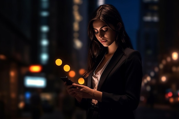 Una mujer de negocios por la noche usando el teléfono en la ciudad nocturna con IA generativa