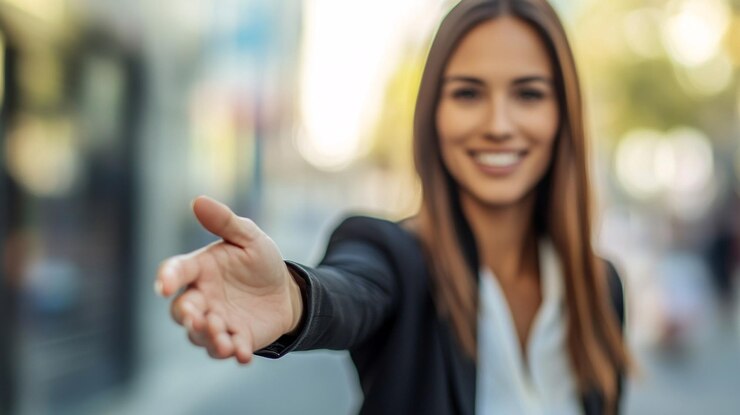 Mujer de negocios ofreciendo un apretón de mano en la calle de la ciudad