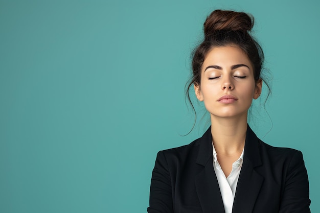 Foto mujer de negocios con los ojos descansados brevemente ia generativa