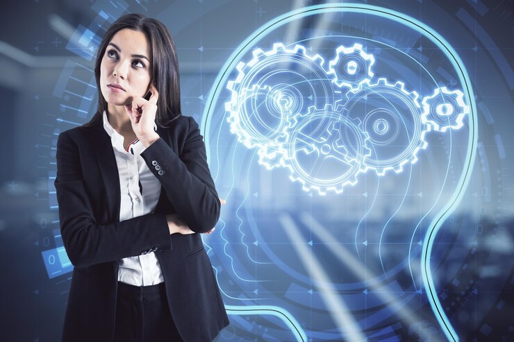 Foto mujer de negocios pensando en un boceto de engranajes virtuales concepto de tormenta de ideas