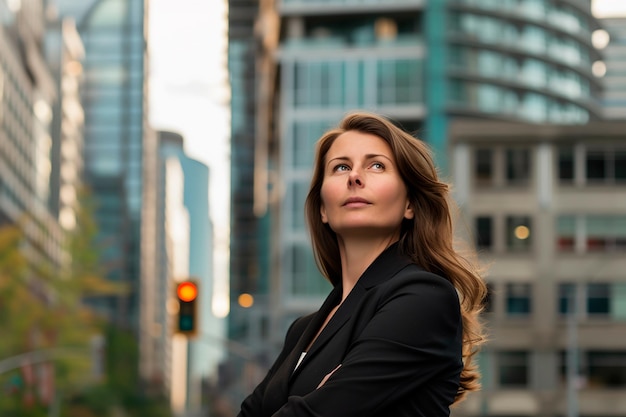 Una mujer de negocios pensativa mirando hacia arriba en la ciudad reflexionando sobre sus objetivos profesionales
