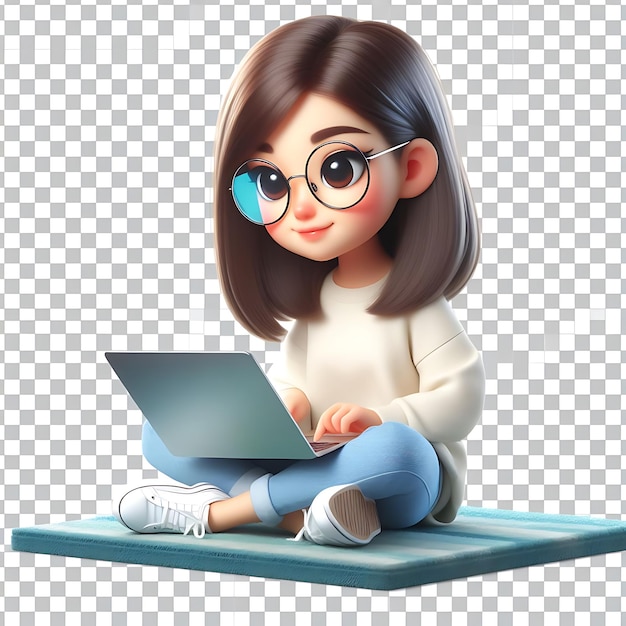 Una mujer de negocios de personajes de dibujos animados en 3D sostiene una computadora portátil y mira la pantalla durante el trabajo