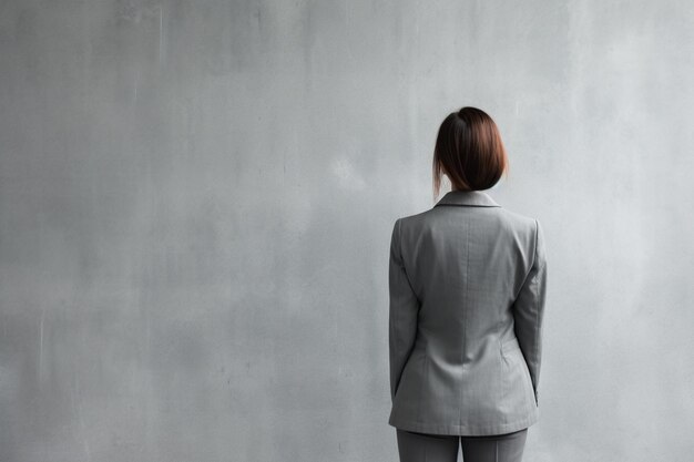 Mujer de negocios de pie contra la pared gris