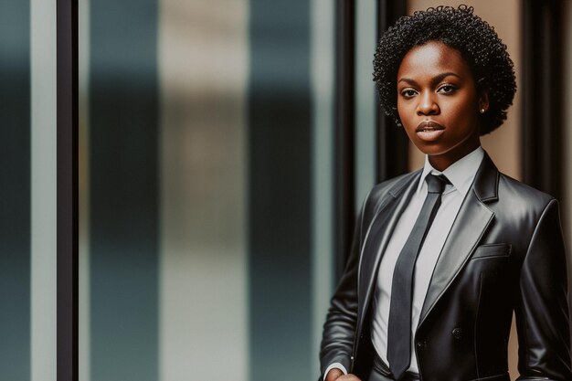 Una mujer de negocios de piel oscura con traje.