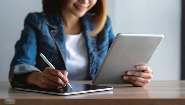 Mujer de negocios con una pluma escribiendo en un planificador de cuadernos y navegando por Internet en una computadora portátil