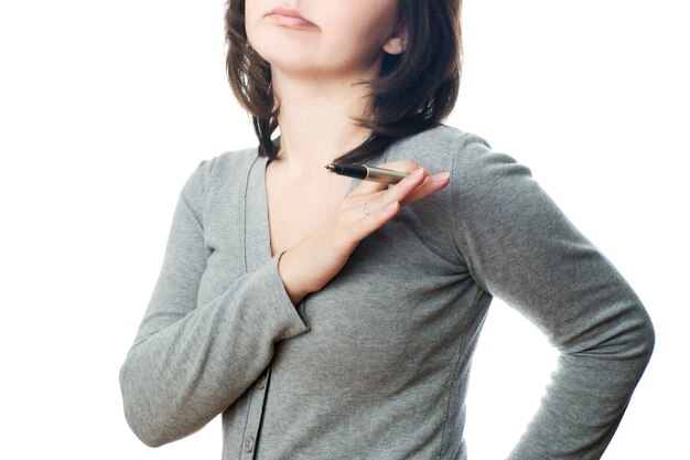 Mujer de negocios, con, pluma