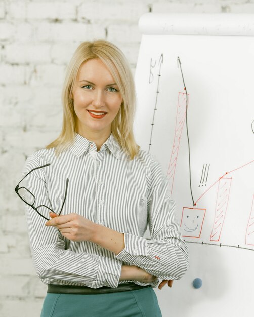 La mujer de negocios presenta el plan comercial que se coloca cerca del tablero blanco con el gráfico, las tablas y los diagramas en él.