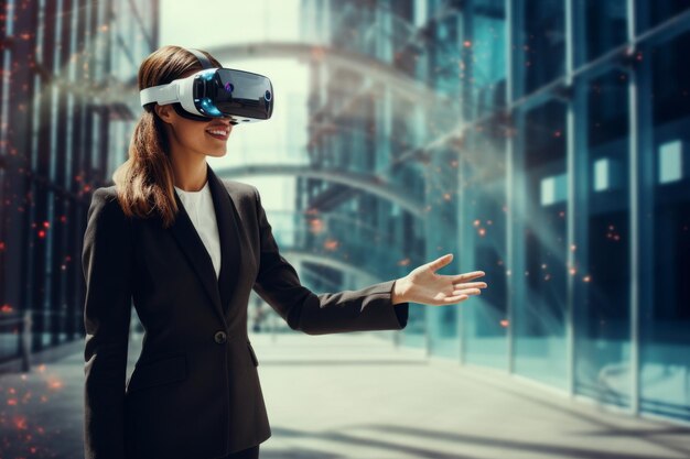 Foto una mujer de negocios en una presentación de reunión en línea con un auricular de realidad virtual