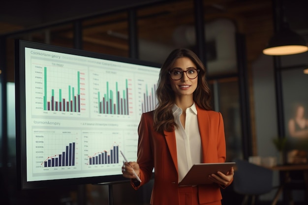 Mujer de negocios presentando un informe en una pantalla