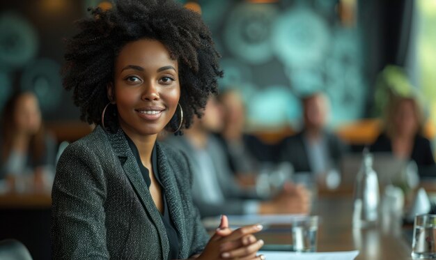 Foto una mujer de negocios preside una reunión