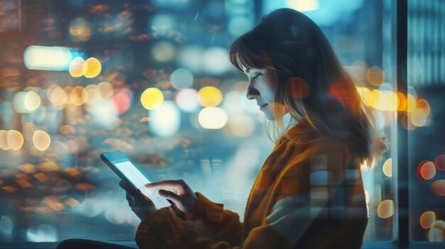 Mujer de negocios profesional analizando los resultados trimestrales en la tableta con enfoque y concentración en off