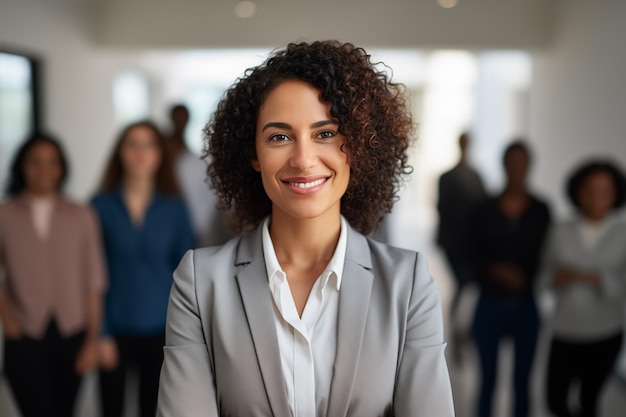 Mujer de negocios profesional de pie y mirando a la cámara con confianza y sonriendo