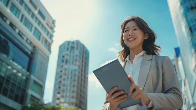 Foto mujer de negocios profesional de primer plano con una tableta digital de pie en el fondo de una gran ciudad