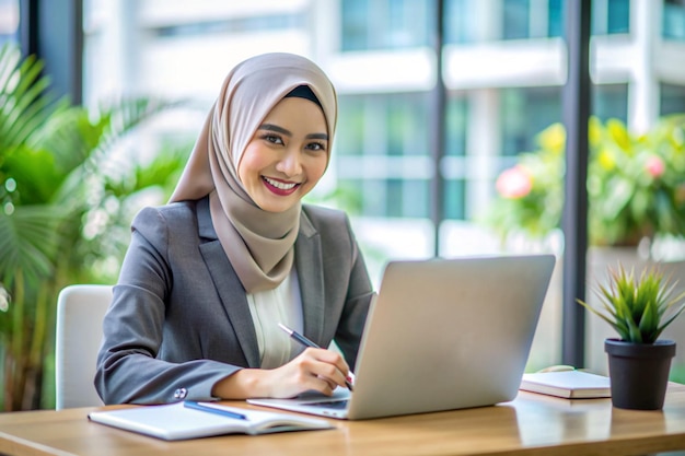 Mujer de negocios profesional sonríe felizmente mientras trabaja