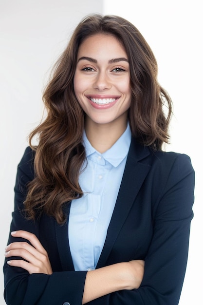 Una mujer de negocios profesional sonriente en su oficina de negocios en un fondo aislado generado por IA