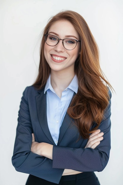 Una mujer de negocios profesional sonriente en su oficina de negocios en un fondo aislado generado por IA
