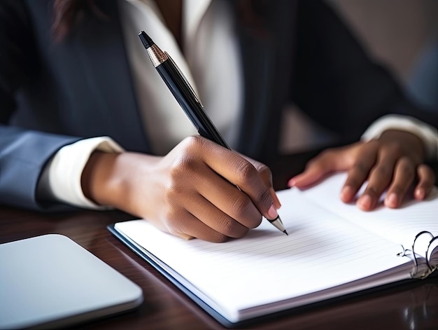 Mujer de negocios que escribe en un cuaderno planea reuniones del día de trabajo empresario que gestiona el tiempo sentado a la mesa