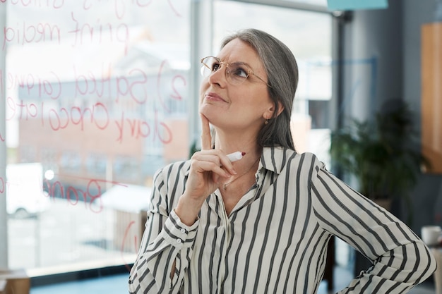 Mujer de negocios que piensa y planea en vidrio con ideas de lluvia de ideas e investigación para relaciones públicas Trabajadora madura creativa con objetivos o visión para el desarrollo de productos de caramelo en los medios impresos
