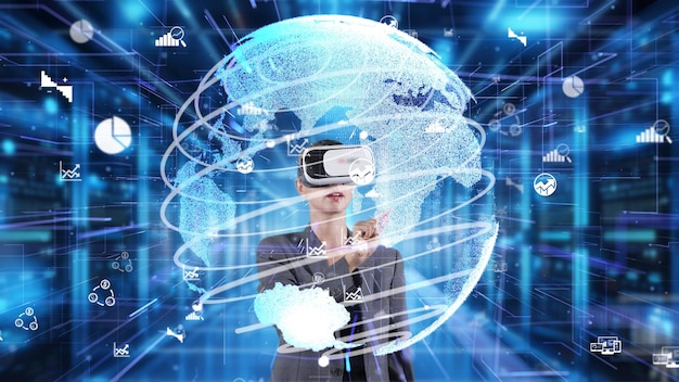 Mujer de negocios que selecciona el mercado de análisis mundial rotativo monitor vr artefacto