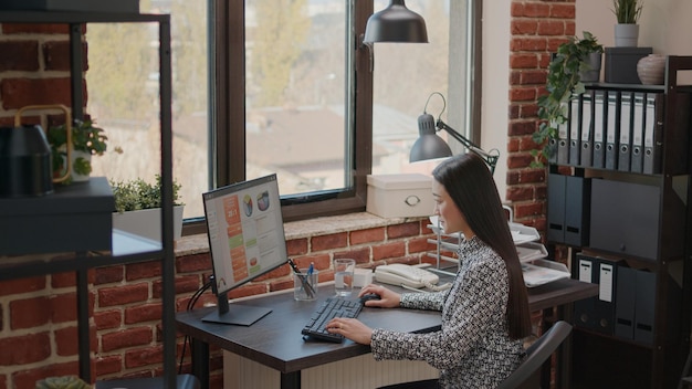 Mujer de negocios que trabaja en gráficos de datos anuales en la oficina, usando computadora para planificar el proyecto. Emprendedor diseñando estrategia de marketing para el desarrollo de la empresa. Empleado haciendo trabajo de inicio