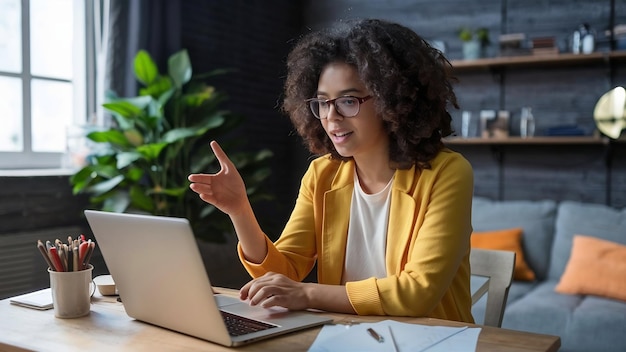 Mujer de negocios que usa una computadora portátil habla con sus colegas sobre el plan en una reunión de videoconferencia mientras trabaja desde h