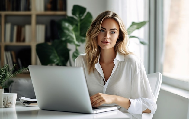 Mujer de negocios que usa una computadora portátil en su oficina en casa