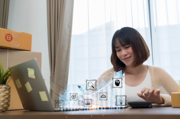 Mujer de negocios que usa tableta para analizar datos de ventas y tecnología de gráficos de gráficos de crecimiento económico e icono de conexión de red global del cliente Estrategia empresarial
