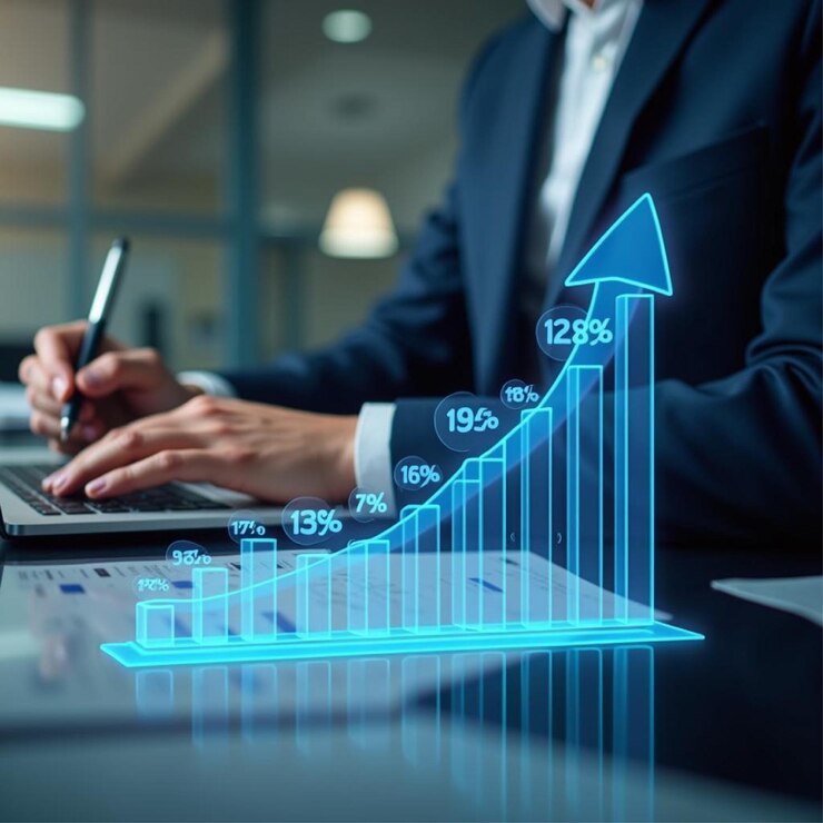 Mujer de negocios que utiliza dispositivos para el análisis de datos financieros