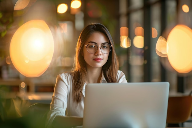 Mujer de negocios que utiliza tecnología avanzada en el lugar de trabajo