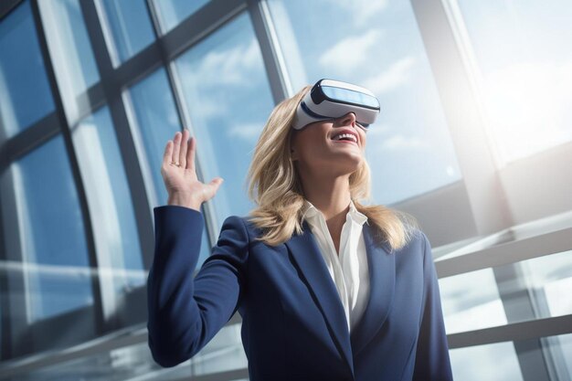 Foto mujer de negocios que utiliza la tecnología vr