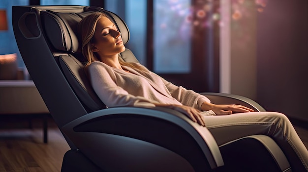 Una mujer de negocios se relaja en su sillón de masaje en la sala de estar mientras toma una siesta en un sillón de masaje eléctrico Generative Ai