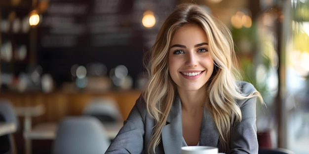 Mujer de negocios rubia confiada en un traje sonriendo mientras negocia un acuerdo con un cliente sobre el concepto de café Vestimenta de negocios profesional Habilidades de negociación de configuración Sonrisa confiada Reunión de café