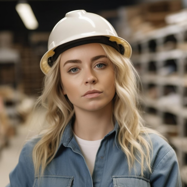 Mujer de negocios rubia con sombrero de seguridad blanco con stock de hardware en AI generativa de fondo