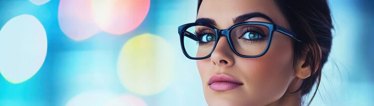 Mujer de negocios segura analizando proyecciones de datos con gafas que muestran enfoque y determinación en un fondo colorido vibrante