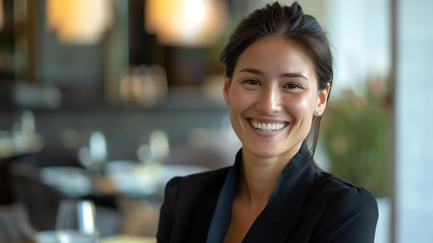 Una mujer de negocios segura y exitosa en un entorno de oficina moderno Ella lleva una chaqueta de traje negra y tiene una cálida sonrisa en su cara