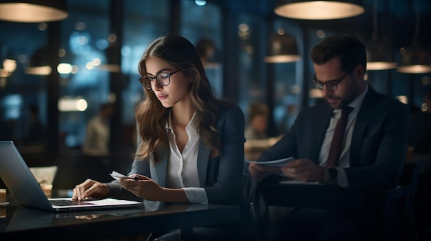 mujer de negocios segura y hombre de negocios que trabaja hasta tarde