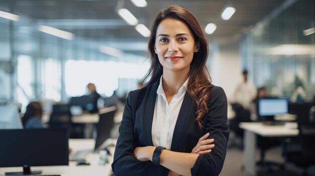 Mujer de negocios segura en una oficina corporativa moderna