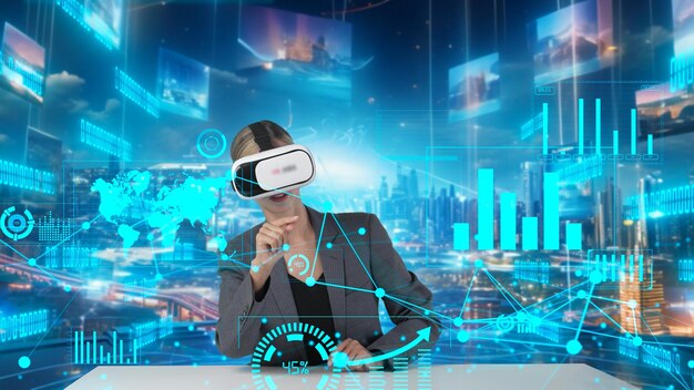 Mujer de negocios seleccionando la dispersión de datos dinámicos del mercado por artefacto vr